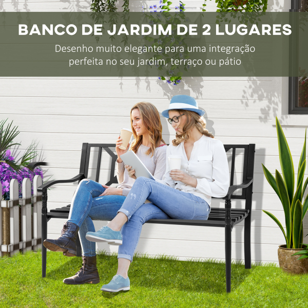 Outsunny Banco de Jardim de 2 Lugares Banco de Exterior de Aço com Apoio para os Braços e Encosto Decorativo para Terraço Varanda Pátio Carga 280kg 128x62,5x81,5cm Preto - Image 4