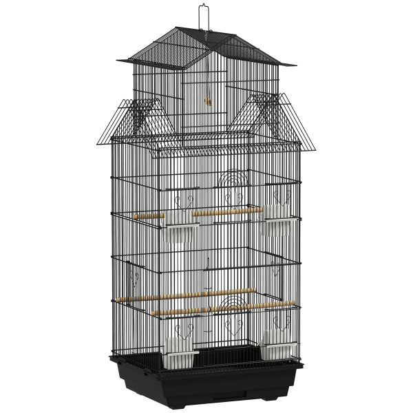 PawHut Gaiola de Metal para Pássaros com Bandeja Amovível 4 Comedouros 3 Poleiros e 1 Baloiço 50,5x41x104 cm Preto