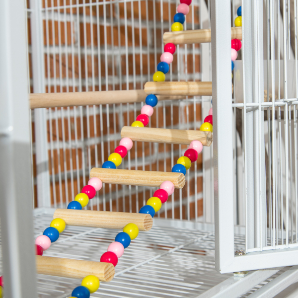 PawHut Gaiola para Pássaros com Rodas de 3 Níveis com 3 Poleiros Comedouros Brinquedos Rampas e Prateleira 83x53x180 cm Branco - Image 9