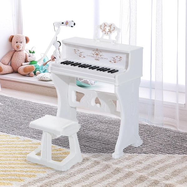 HOMCOM Piano Elétrico Infantil de 37 Teclas Conjunto de Piano com Microfone Banco Luzes e 22 Canções USB/MP3/Bluetooth Karaokê 53,5x27x63cm Branco - Image 2