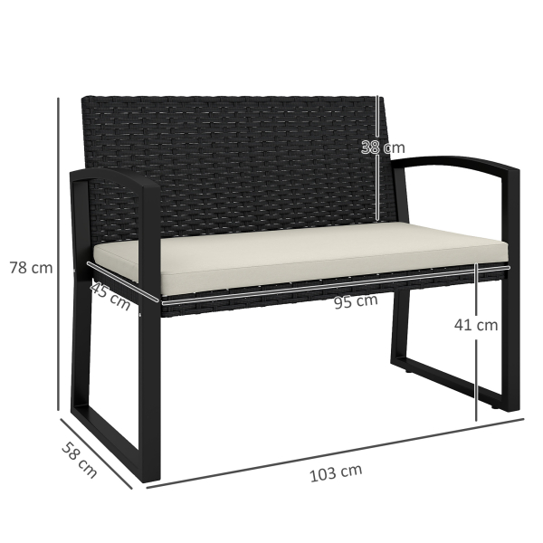 Outsunny Banco de Jardim em Vime Sintético de 2 Lugares Banco de Exterior com Almofada 103x58x78 cm Preto e Bege - Image 3