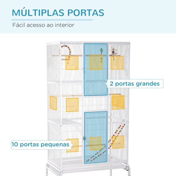 PawHut Gaiola para Pássaros com Rodas de 3 Níveis com 3 Poleiros Comedouros Brinquedos Rampas e Prateleira 83x53x180 cm Branco - Image 4