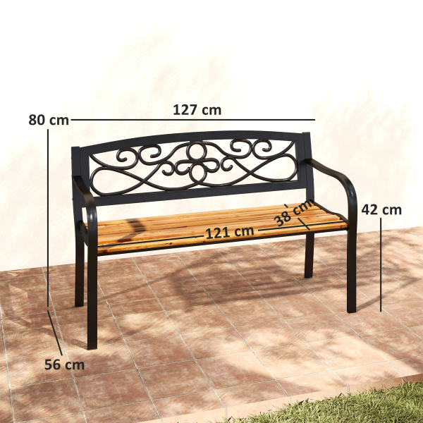 Outsunny Banco de Jardim de 2 Lugares Banco de Exterior com Assento de Madeira e Estrutura de Aço 127x56x80 cm Madeira e Preto - Image 3