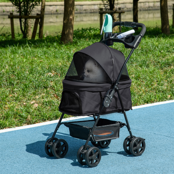 PawHut Carrinho para Cães Dobrável com Rodas Universáis Cesta de Armazenamento Correias de Segurança e Janelas 67x45x96 cm Preto - Image 2