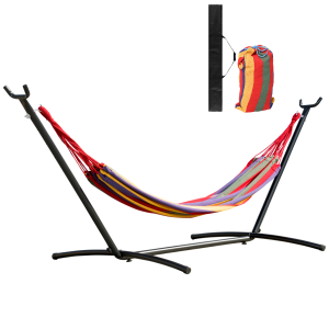 Outsunny Cama Rede com Suporte de Aço Portátil com Altura Ajustável em 6 Níveis com Bolsa de Transporte para Jardim Sala de Estar Carga Máxima 150kg 200x150cm Multicor