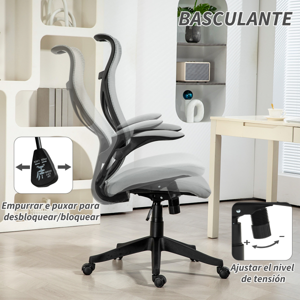 HOMCOM Cadeira de Escritório Giratória com Altura Ajustável Apoio para os Braços Dobráveis e Função Basculante 66x66x113-121 cm Cinza - Image 5