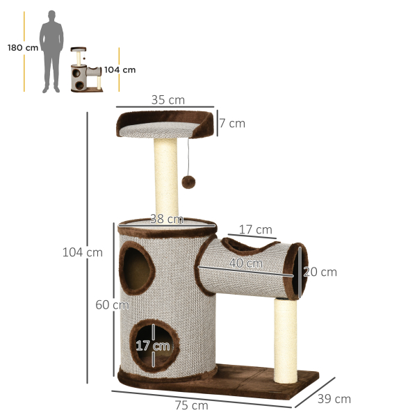 PawHut Árvore Arranhador para Gatos Médios Altura 104cm Torre de Escalada para Gatos com Barril Arranhador Plataforma Superior Túnel Poste de Sisal e Bola Suspensa 75x39x104cm Marrom - Image 3