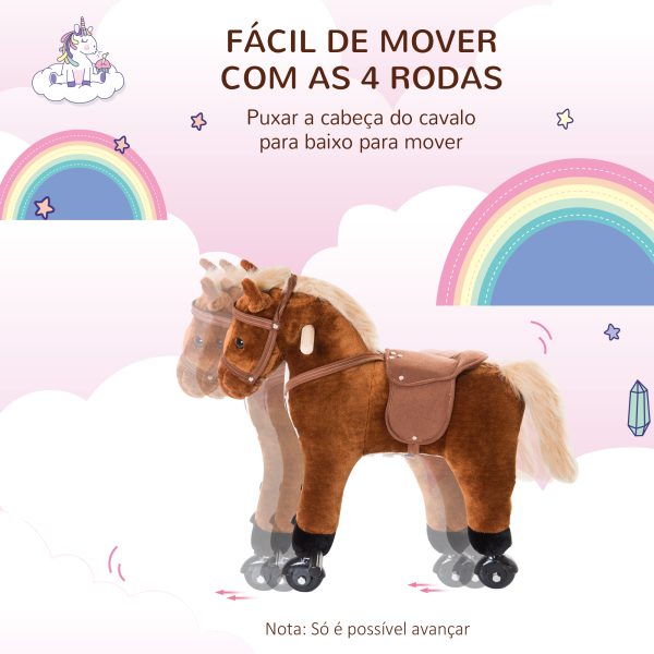 HOMCOM Cavalo para Crianças acima de 36 Meses com Rodas Sons de Relincho e Pedais Carga 60 kg 55x23x60 cm Marrom - Image 4