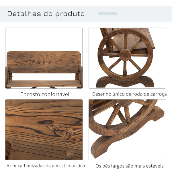 Outsunny Banco de Jardim de Madeira Banco de Exterior com 2 Rodas Decorativas Estilo Rústico 114x58x80 cm Marrom Carbonizado - Image 6