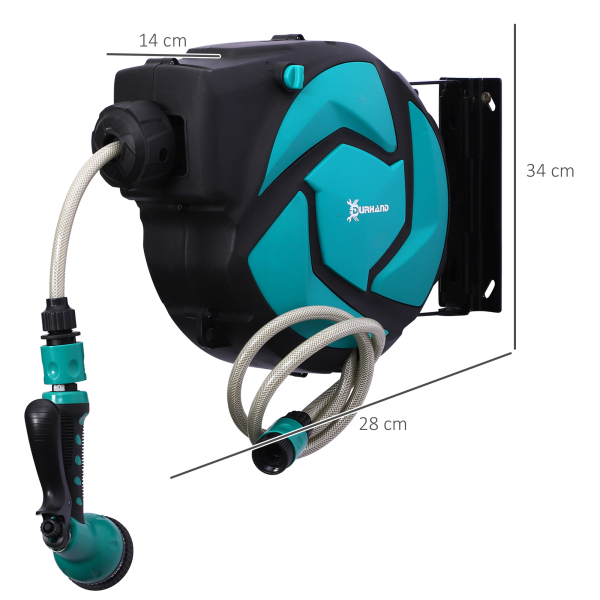 DURHAND Enrolador de mangueira retrátil 10m com cabeça multifuncional Sistema de enrolamento automático com trava Conector de 1m para gramado de jardim 29,5x16,5x33cm Preto e verde - Image 3