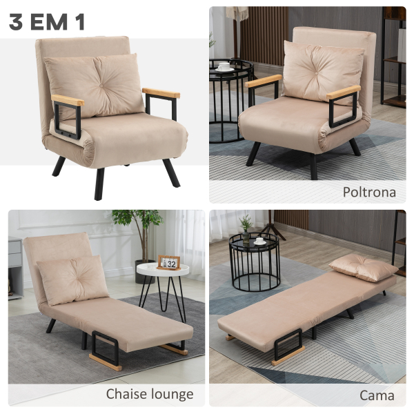 HOMCOM Poltrona Convertível em Cama Poltrona 3 em 1 Convertível em Cama com Encosto Ajustável em 5 Níveis 63x73x81 cm Bege - Image 4