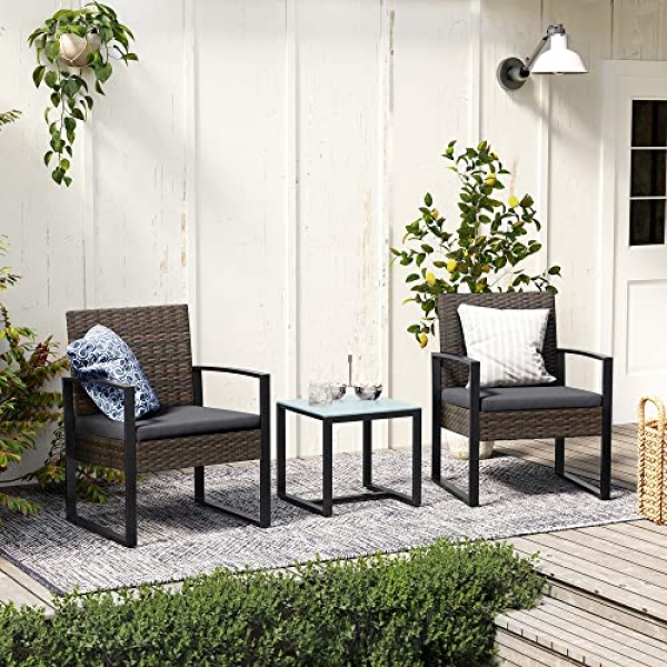 Conjunto de mobiliário de varanda com mesa e 2 cadeiras | SONGMICS | 57,5 x 53 x 76 cm | cinzento|preto | GGF010G05. - Image 3