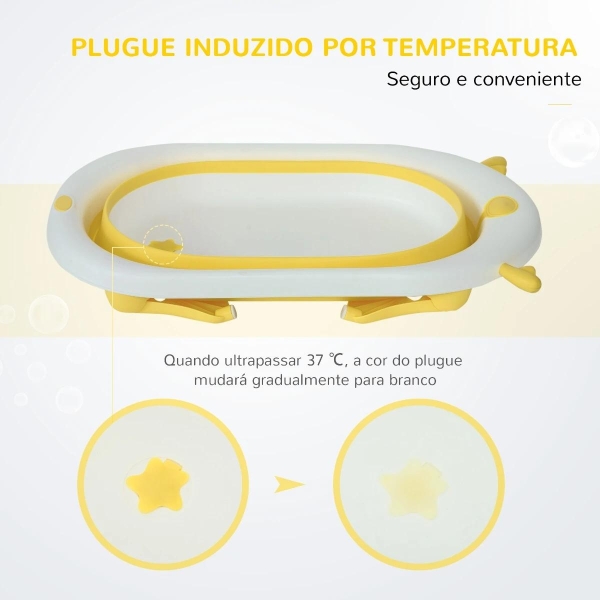 HOMCOM Banheira para Bebé Recém Nascido até 3 Anos Dobrável 30 Litros com Tampa Termossensível e Almofada Confortável Almofadas Antiderrapantes 81,5x50,5x23,5cm Amarelo e Branco - Image 5