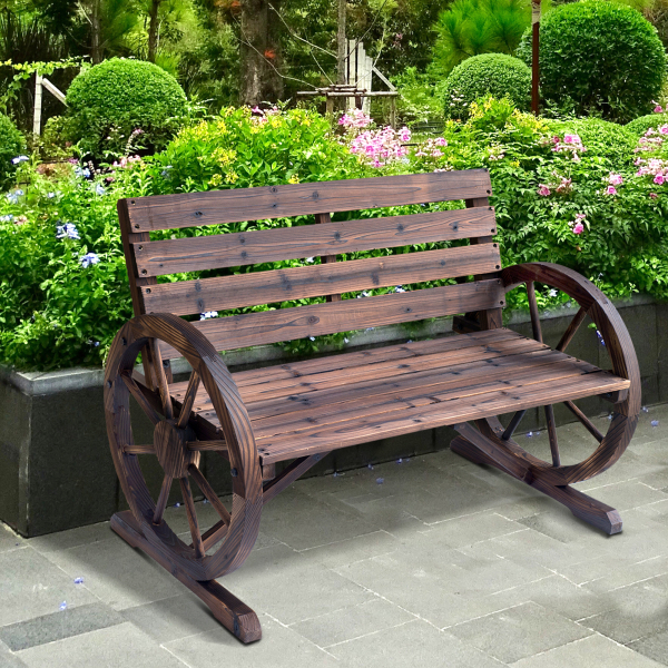 Outsunny Banco de madeira ao ar livre com apoio de braços em forma de roda Vista envelhecida para varanda Terraço 105,5x56x75 cm Marrom rústico - Image 2