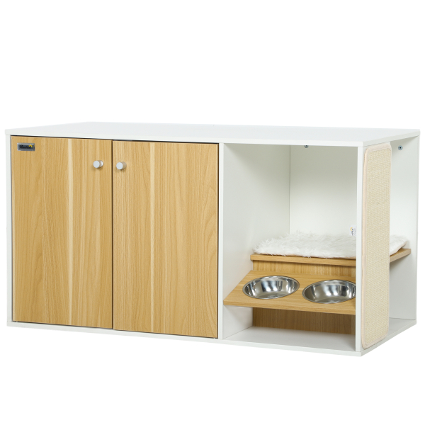 PawHut Móvel Caixa de Areia para Gatos 3 em 1 Mesa Auxiliar Caixa de Areia para Gatos com Tapete para Arranhar 95x48x50,5 cm Branco e Carvalho