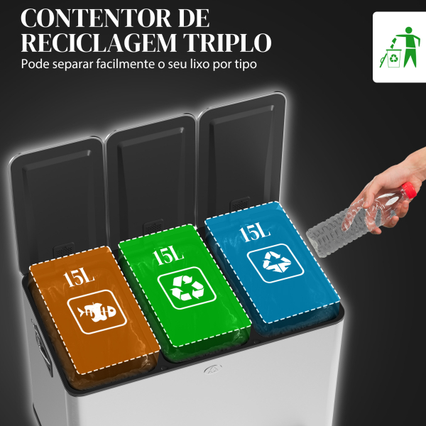 HOMCOM Balde de Lixo de Cozinha com 3 Compartimentos 3x15L com Pedais Tampas com Fechamento Suave e Cubo Amovível Prata - Image 4