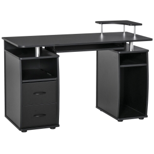 HOMCOM Secretária para computador Mesa para PC com prateleiras múltiplas Bandeja de teclado Suporte para CPU e 2 gavetas 120x55x85 cm Preto