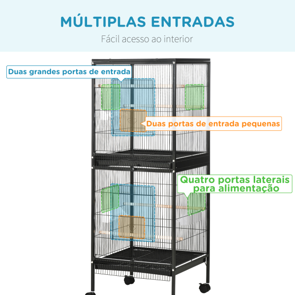 PawHut Gaiola para Pássaros com Rodas de 2 Níveis  com Bandejas Removíveis Portas Comedouros Poleiros 51,5x50x140 cm Preto - Image 5
