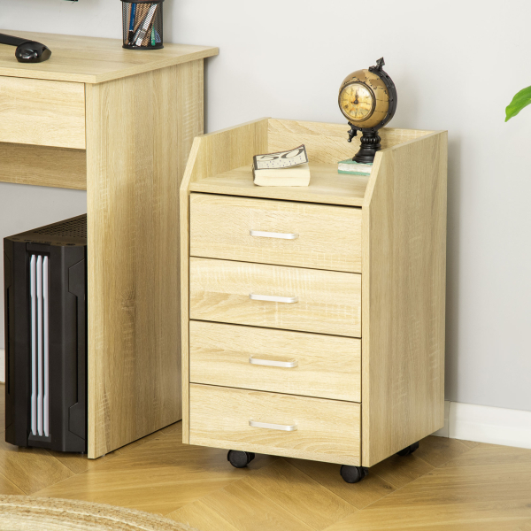 Vinsetto Bloco de Gavetas Móvel Auxiliar com 4 Gavetas Bancada Superior de Armazenamento 4 Rodas e 2 Freios para Estúdio Escritório 40x36x65cm Carvalho - Image 2
