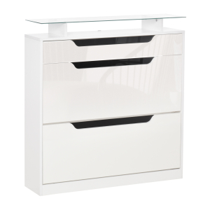 HOMCOM Móvel Sapateira de 2 Portas Sapateira Estreito para 16 Pares de Sapatos com Gaveta Prateleira Aberta e Bancada de Vidro para Corredor Entrada 89x23x96cm Branco