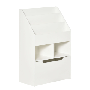 HOMCOM Estante de Madeira para Brinquedos com 3 Compartimentos 2 Cubos e Gaveta Móvel com 4 Rodas Estante para Livros Infantil para Dormitório Infantil Sala de Jogos 60x29,9x90cm Branco