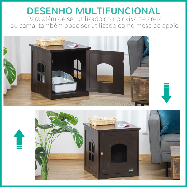 PawHut Casa para Gatos de Madeira Móvel para Caixa de Areia para Gatos 2 em 1 com Armário de Armazenamento Bancada Ampla Porta e 3 Janelas Cruzadas 48,7x53,3x53 cm Marrom - Image 5