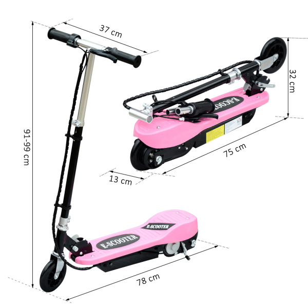 HOMCOM Trotinete Elétrica Dobrável para Crianças e Adolescentes acima de 7 Anos Velocidade de 10km/h Trotinete Elétrica com Guiador Ajustável e Freios Carga Máxima 50kg 78x37x89-95cm Rosa - Image 3