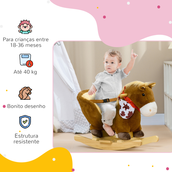 HOMCOM Cavalo Baloiço para Bebés com Sons Cinto de Segurança 60x33x50 cm Marrom - Image 5