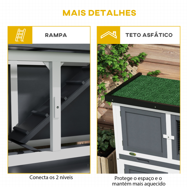 PawHut Coelheira de Madeira de 2 Pisos com Teto Asfáltico Bandejas Amovíveis e Rampa para 2 Coelhos 97x44x91 cm Cinza - Image 7