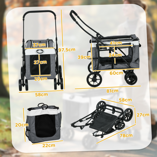 PawHut Carrinho para Animais de Estimação Carrinho para Cães Dobrável com Compartimento Desmontável 4 Portas 81x58x97,5 cm Cinza - Image 3