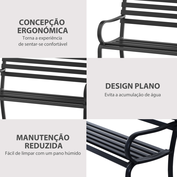 Outsunny Banco de Jardim em Metal Banco de Exterior de 2 Lugares com Apoios de Braços Capacidade 240 kg 127x58x82 cm Preto - Image 5