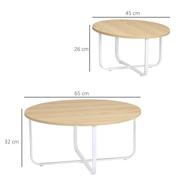 HOMCOM Conjunto de 2 Mesas de Centro Ø65x32cm e Ø45x26cm Mesas Redondas com Bancada de Madeira e Pés de Metal Madeira e Branco - Image 3