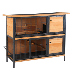 PawHut Gaiola para Coelhos de Madeira de 2 Níveis com Teto Asfáltico Rebatível e Rampa para Exterior 122x50x101 cm Madeira e Preto
