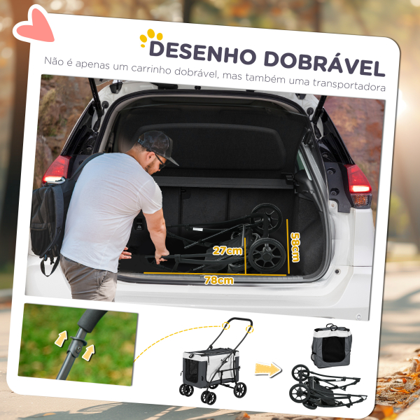 PawHut Carrinho para Animais de Estimação Carrinho para Cães Dobrável com Compartimento Desmontável 4 Portas 81x58x97,5 cm Cinza - Image 6