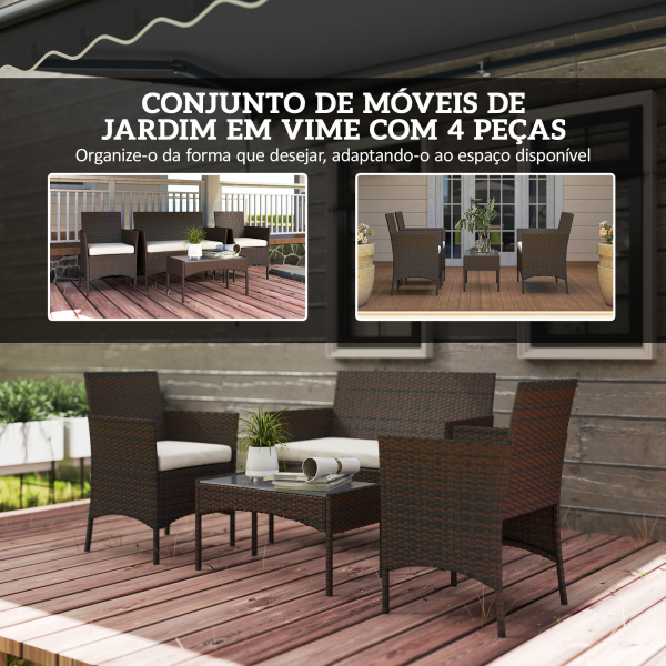 Outsunny Conjunto de Jardim em Vime com Almofadas Móveis de Exterior com 2 Poltronas Sofá de 2 Lugares Mesa com Vidro Marrom e Bege - Image 4