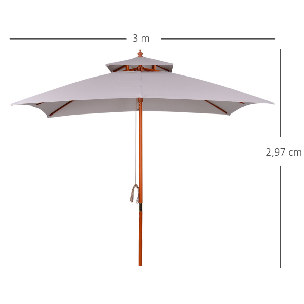 Outsunny Chapéu de Sol de Jardim com Teto Duplo Sistema de Polia Toldo de Poliéster Impermeável 300x300x297cm Cinza Claro - Image 3