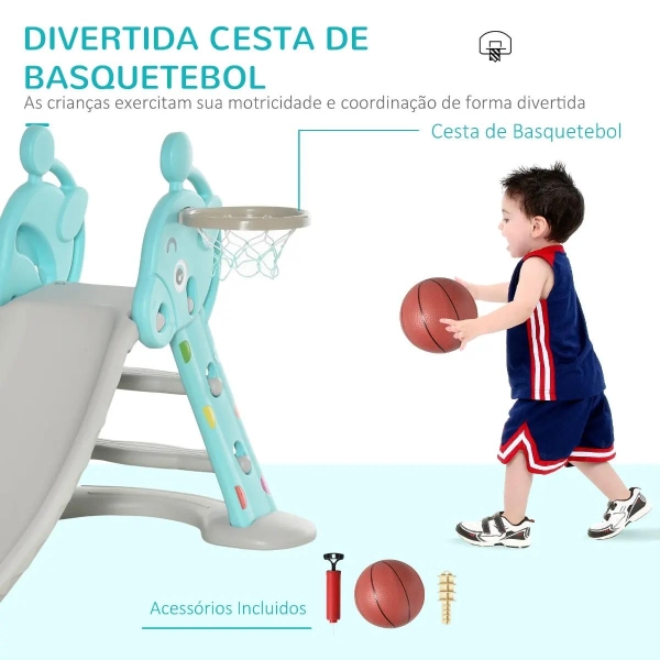 HOMCOM Escorrega Infantil Dobrável com Cesta de Basquetebol para Crianças acima de 18 meses Modelo Girafa para Interiores e Exteriores 140x87x75cm Azul e Cinza - Image 5