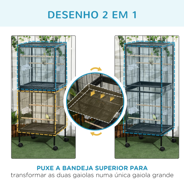 PawHut Gaiola para Pássaros com Rodas de 2 Níveis  com Bandejas Removíveis Portas Comedouros Poleiros 51,5x50x140 cm Preto - Image 4