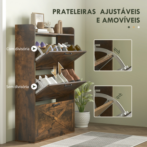 HOMCOM Sapateira de 3 Portas com Prateleiras Ajustáveis Estilo Industrial para 24 Pares de Sapatos 80x24x118 cm Castanho Rústico - Image 5