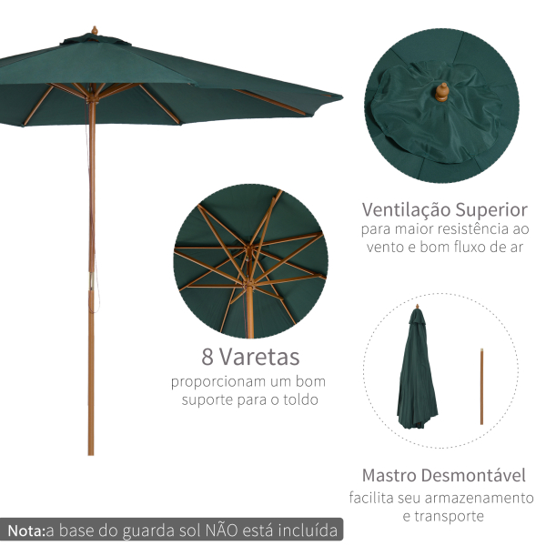 Outsunny Chapéu de Sol Ø300x250cm Chapéu de Sol com Mastro de Madeira com 8 Hastes Sistema de Polia com Fixação Verde - Image 6