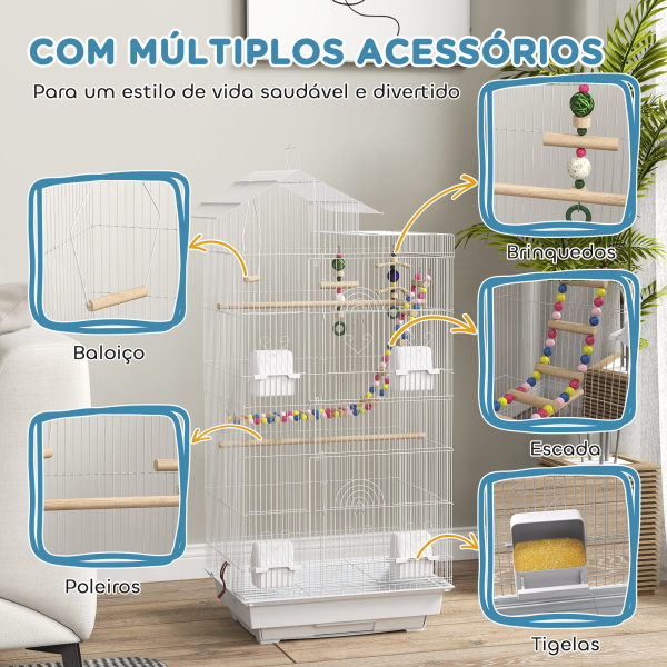 PawHut Gaiola para Passáros de Metal com Portas 4 Comedouros 3 Poleiros Baloiço Escadas e Bandeja Removível  46x36x100 cm Branco - Image 4