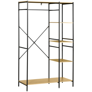 HOMCOM Suporte para Cabides Cabideiro de Madeira com 4 Prateleiras de Arrumação e Barra de Pendurar 100x46x170,5cm Madeira e Preto
