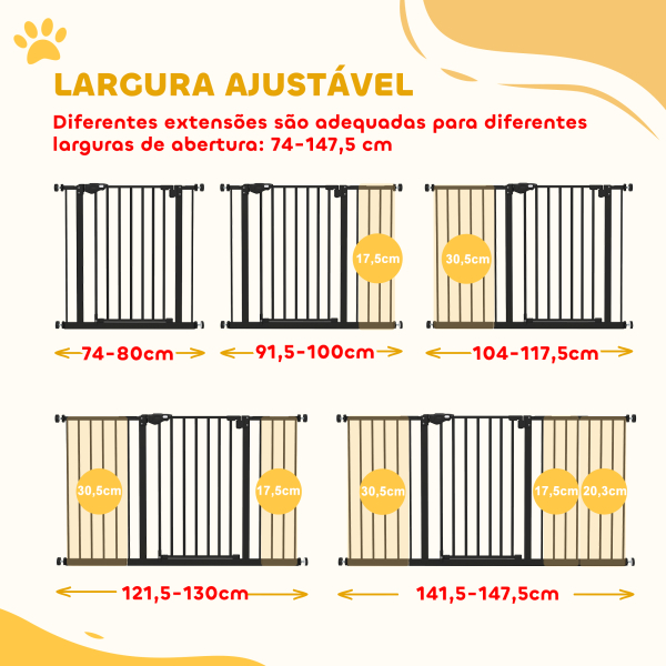 PawHut Barreira de Segurança Extensível para Portas e Escadas com Fechamento Automático e Sistema de Duplo Bloqueio 74-147,5x76,2 cm Preto - Image 4