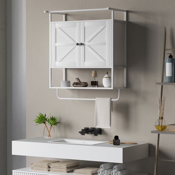 HOMCOM Armário de Parede para Casa de Banho Multiusos com 2 Portas Prateleira e Barra para Toalhas 63x34x75 cm Branco - Image 2
