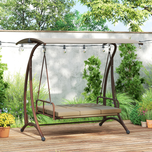 Outsunny Baloiço de Jardim Exterior de 3 Lugares Convertível em Cama com Toldo Ajustável Proteção UPF30+ 200x120x175 cm Caqui - Image 8