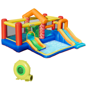 Outsunny Castelo Insuflável com 2 Escorregas 2 Trampolins e Piscina para Crianças acima de 3 Anos Inclui Inflador e Bolsa de Transporte para Interior Exterior 380x370x230cm Multicor