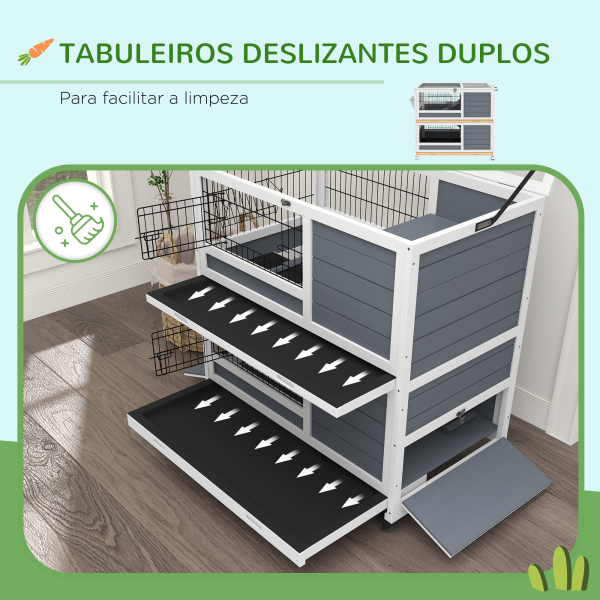 PawHut Coelheira de 2 Níveis 90x53x97 cm com Rodas Tejadilho Rebatível Tabuleiro Amovível Alimentador e Rampa cinzenta - Image 6