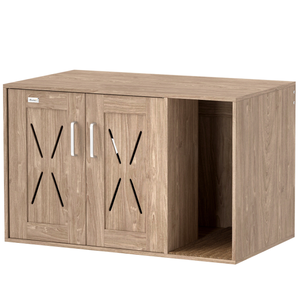 PawHut Móvel Caixa de Areia para Gatos 3 em 1 com Portas Tapete para Arranhar e Compartimento p 80x48x50,5 cm Castanho