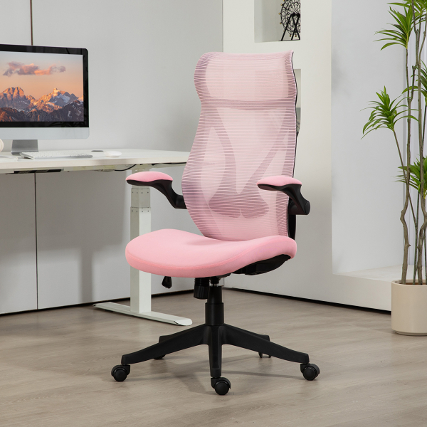 HOMCOM Cadeira de Escritório Giratória com Altura Ajustável Apoio para os Braços Dobráveis e Função Basculante 66x66x113-121 cm Rosa - Image 2