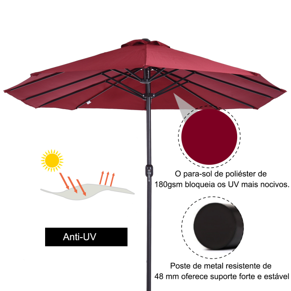 Outsunny Chapéu de Sol Duplo 4,55x2,68x2,38 m  Chapéu de Sol de Jardim com Manivela Manual Resistente à Água e com Proteção Solar UV para Terraço Pátio Vinho - Image 5
